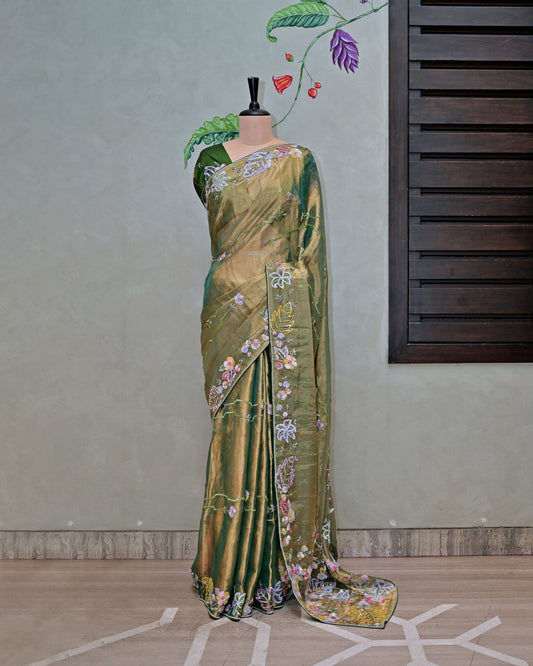 Green Tissue Saree with Sequin Floral Work image 0