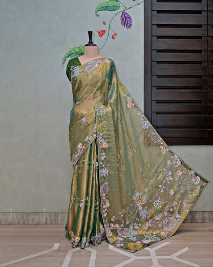 Green Tissue Saree with Sequin Floral Work image 1