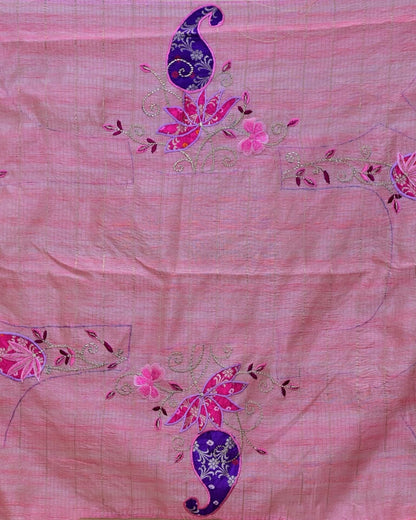 Pink Handloom Saree with Kairi Applique Embroidery image 5