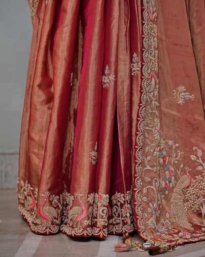 Rust Tissue Saree with Peacock Work Palla image 4