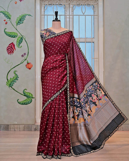 Wine Kalamkari Palla Saree image 1