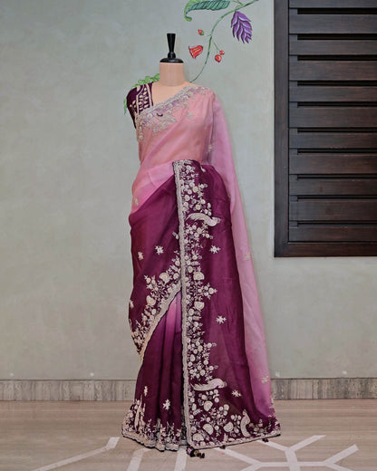Shaded Wine Organza Saree image 1