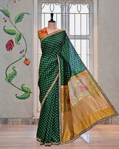 Green Silk Saree with Kalamkari Palla image 1
