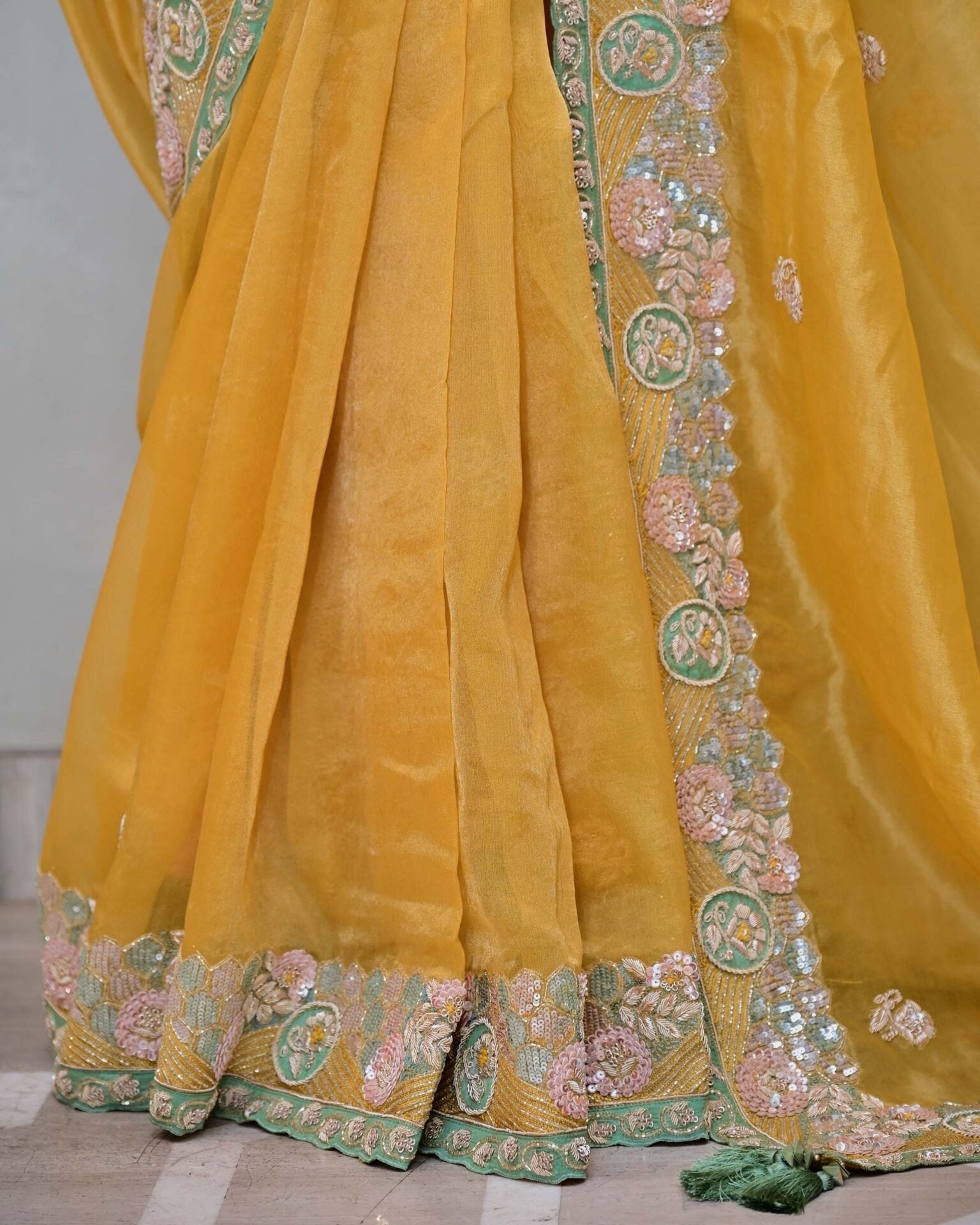 Yellow Tissue Saree with Sequence and Cutdana Work image 3