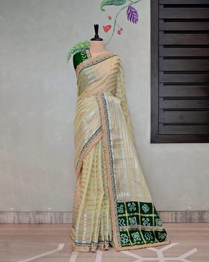 Green Stripe Tissue Saree with Ghatchola Palla and Fancy Edges image 0