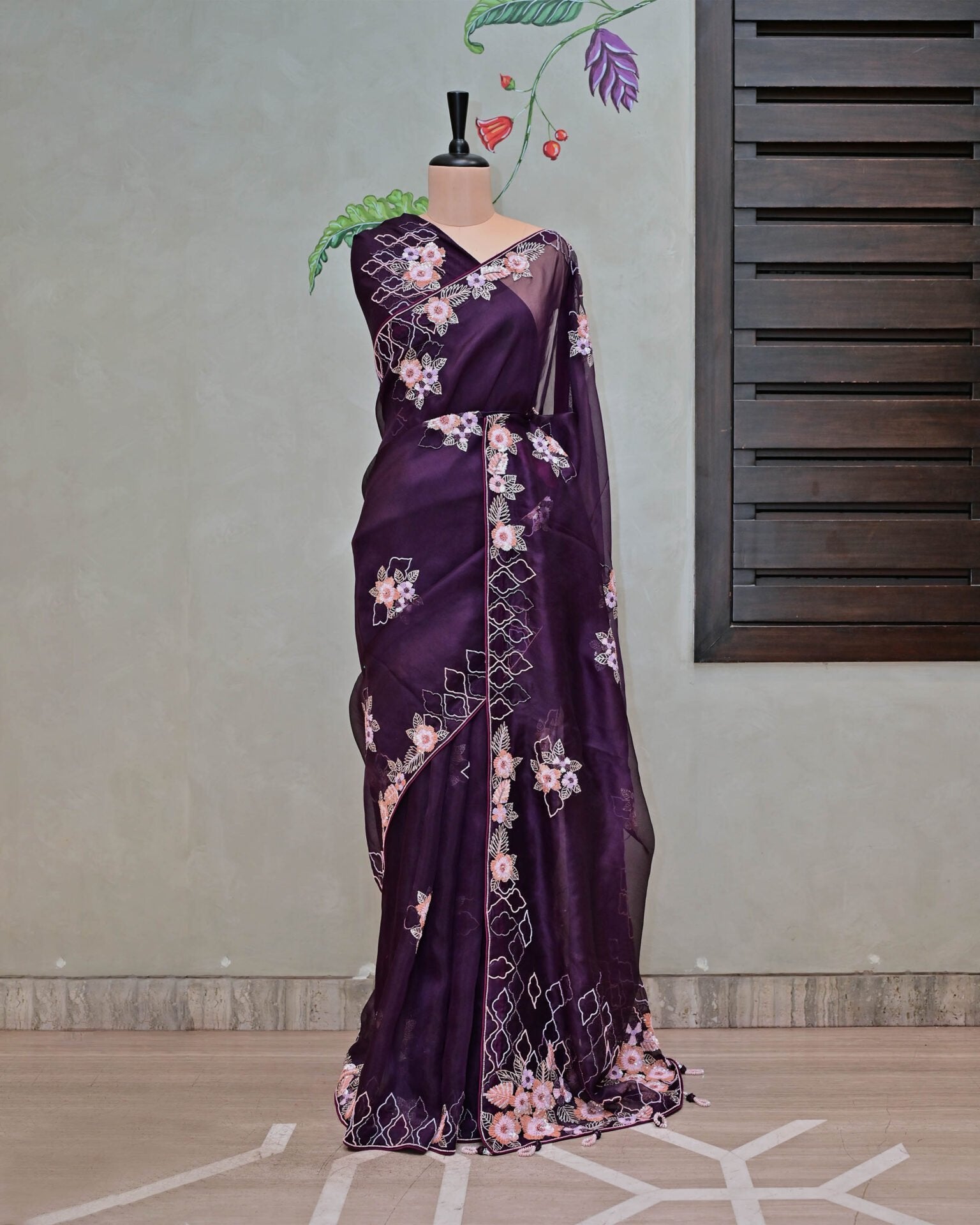 Dark Wine Organza Saree image 1