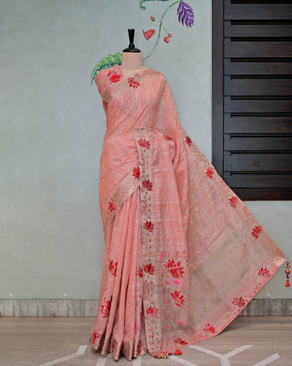 Peach Handloom Check with Floral Embroidery image 0