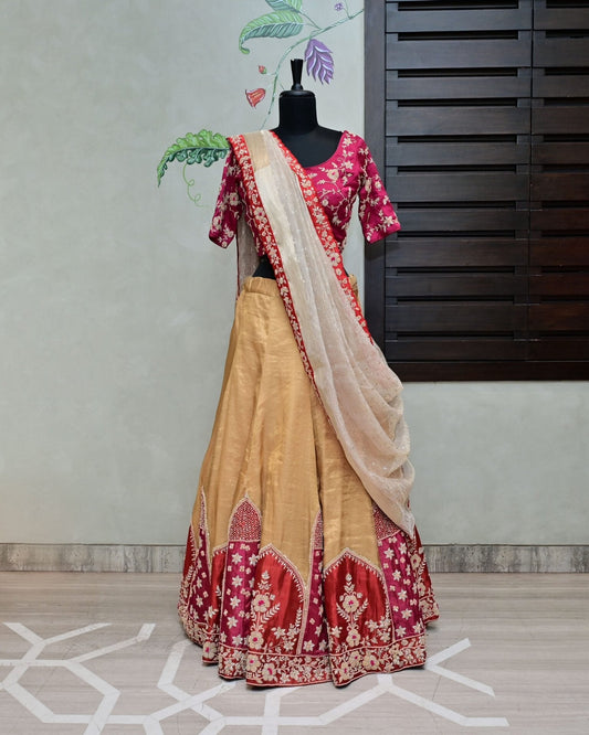 Golden Tissue Lehenga with Embroidery image 0