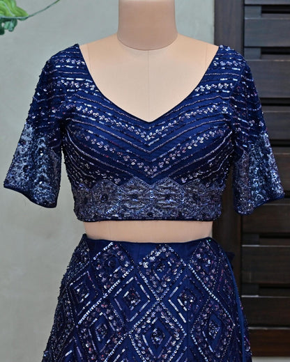 Midnight Blue Organza Lehenga with Sequin Embroidery image 3