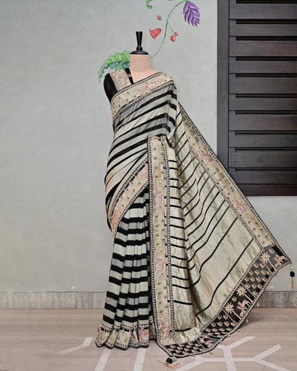 Black Khaddi Saree with White Stripes image 1