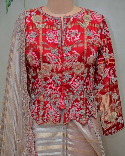 Tissue Stripe Saree with Red Bandhani Blouse image 1