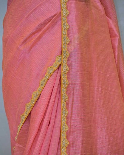 Peach Handloom Saree with Yellow Border and Matching Blouse image 3
