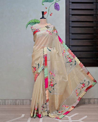 Tissue Handloom Saree with Multipatch Border and Embroidery image 1