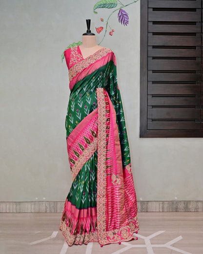 Green Patola Saree with Pink Border image 3