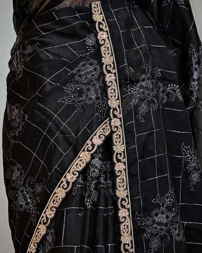 Black Organza Saree with Self Design and Work Border image 3