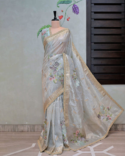 Gray Tissue Saree with Sky Blue Floral Patchwork image 1