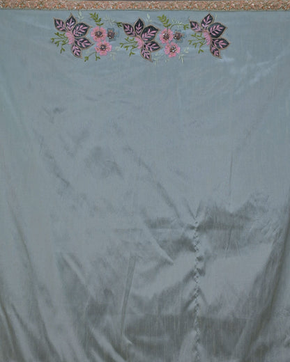 Gray Tissue Saree with Sky Blue Floral Patchwork image 5