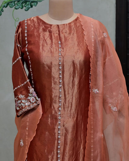 Burnt Orange Tissue Suit with Organza Dupatta image 2