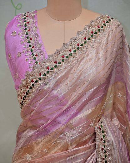 Shaded Pink Stripe Tissue Saree image 2