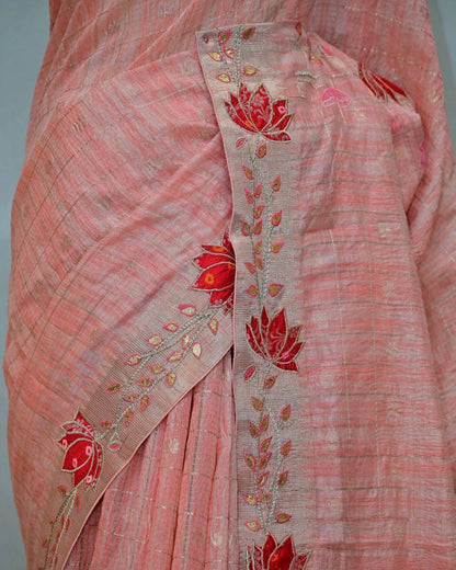 Peach Handloom Check with Floral Embroidery image 2