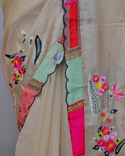 Tissue Handloom Saree with Multipatch Border and Embroidery image 3