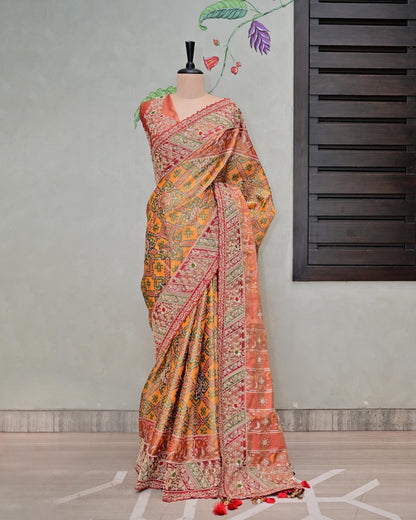 Yellow Tissue Patola Saree with Hand-Stitched Floral Border image 4