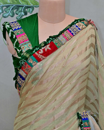 Green Stripe Handloom Saree with Patch Border image 2