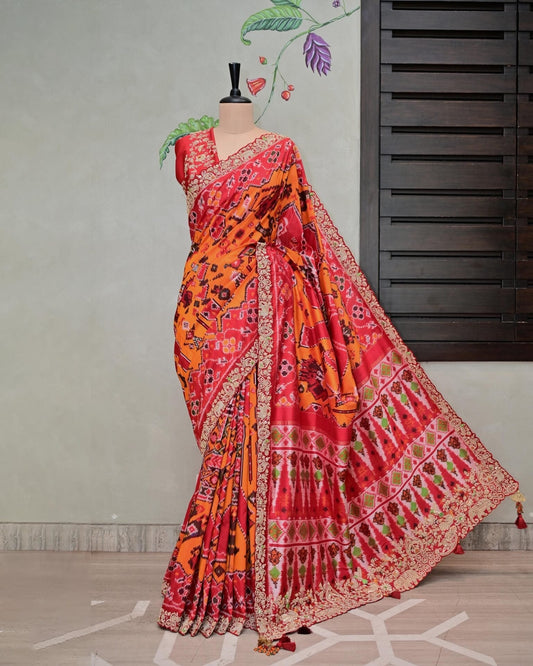 Rust Patola Elephant Border Saree image 0