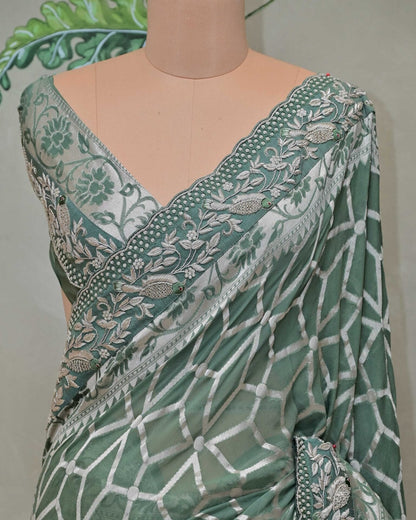 Green Khaddi Saree with Bird Border image 1