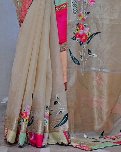 Tissue Handloom Saree with Multipatch Border and Embroidery image 4