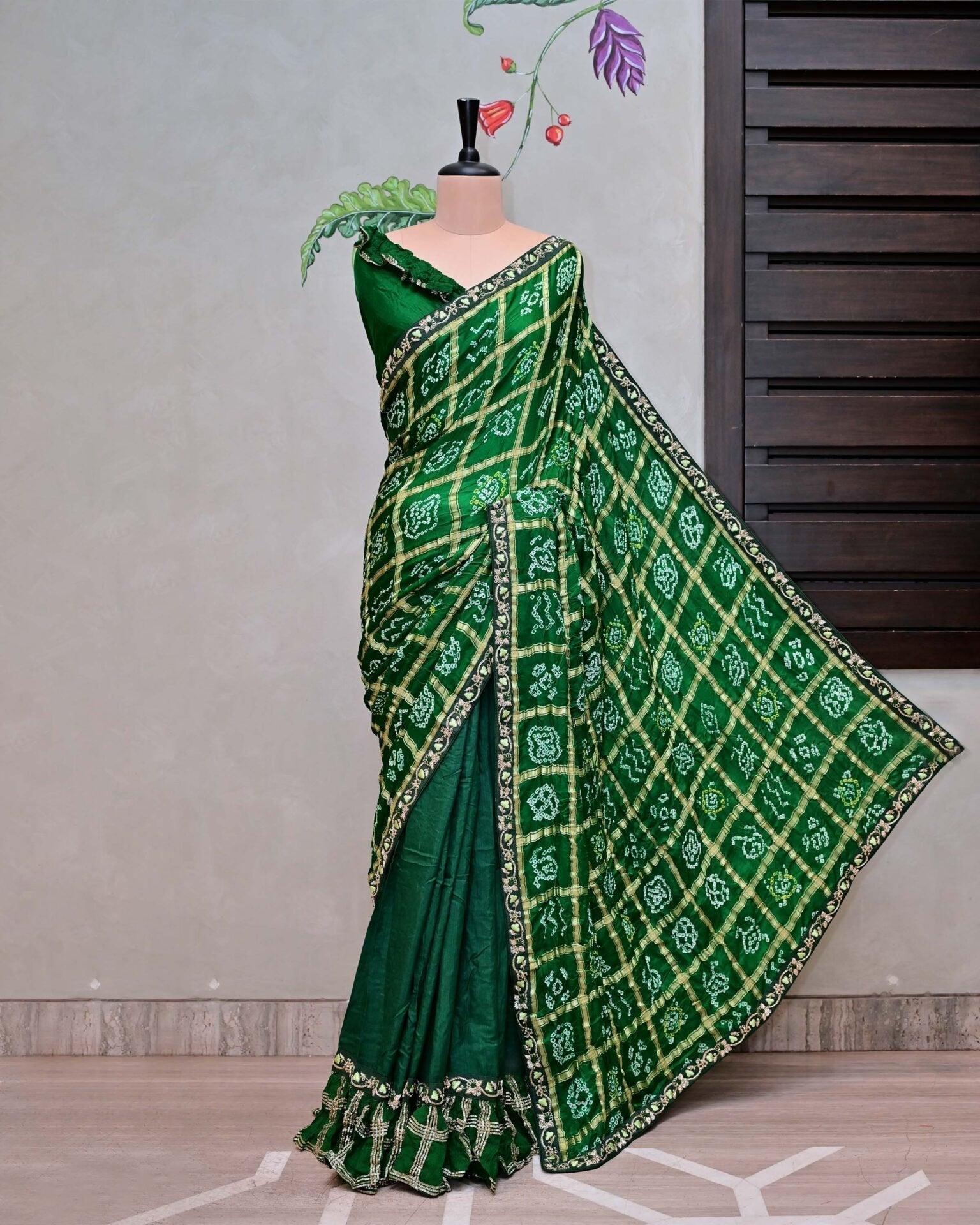 Green Ghatchola Saree with Frill Border image 1