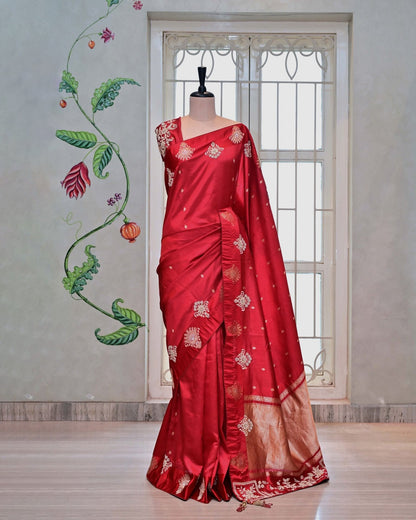 Red Silk Saree with Boota Highlight Border image 0