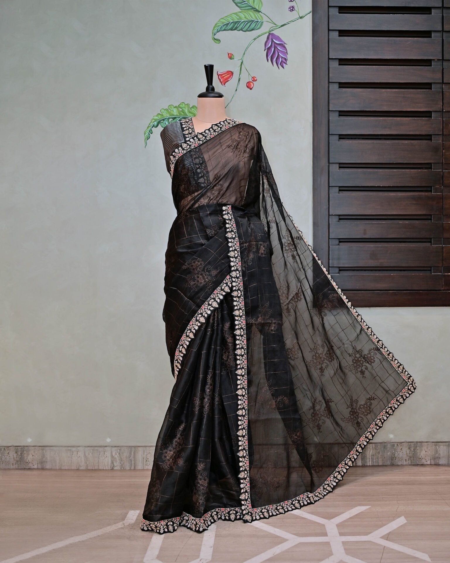 Black Organza Saree with Self Design and Work Border image 0