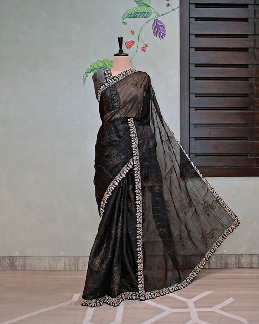 Black Organza Saree with Self Design and Work Border image 0