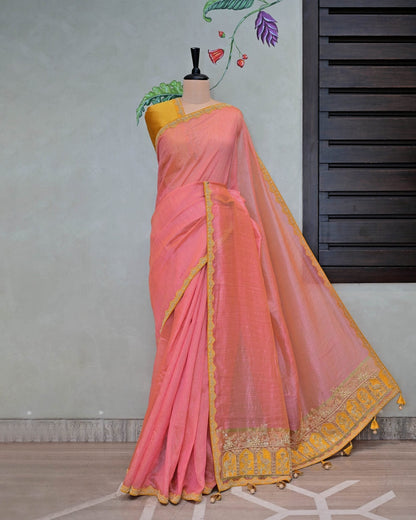 Peach Handloom Saree with Yellow Border and Matching Blouse image 0