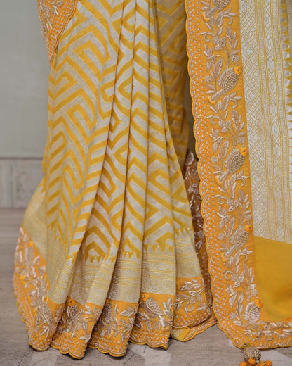 Yellow Khaddi Saree with Bird Border image 3