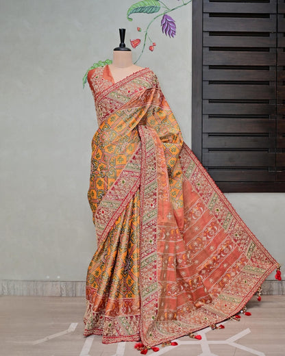 Yellow Tissue Patola Saree with Hand-Stitched Floral Border image 0