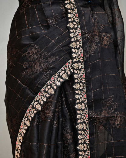 Black Organza Saree with Self Design and Work Border image 2