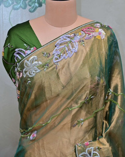 Green Tissue Saree with Sequin Floral Work image 2