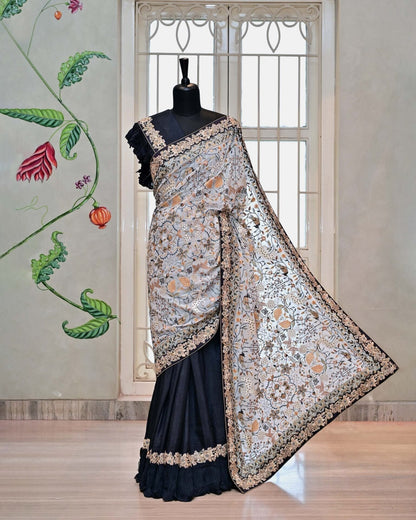 Gray Saree with Kashmiri Palla and Frill Border image 0