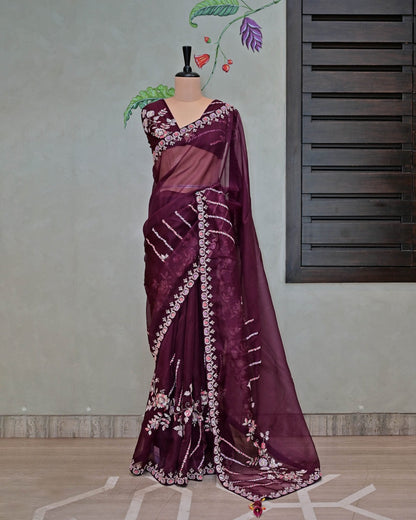 Wine Organza Saree image 4