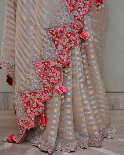Tissue Stripe Saree with Red Bandhani Blouse image 2