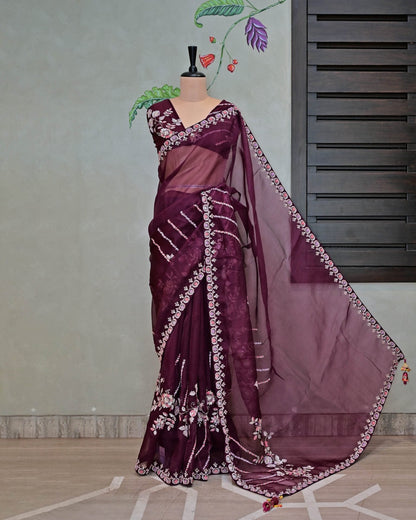 Wine Organza Saree image 0