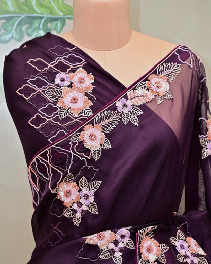 Dark Wine Organza Saree image 2