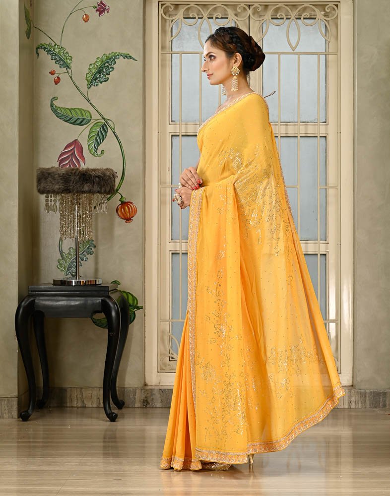 Shopping Online Lace Embroidered Georgette Turmeric Yellow Saree|SARV117346