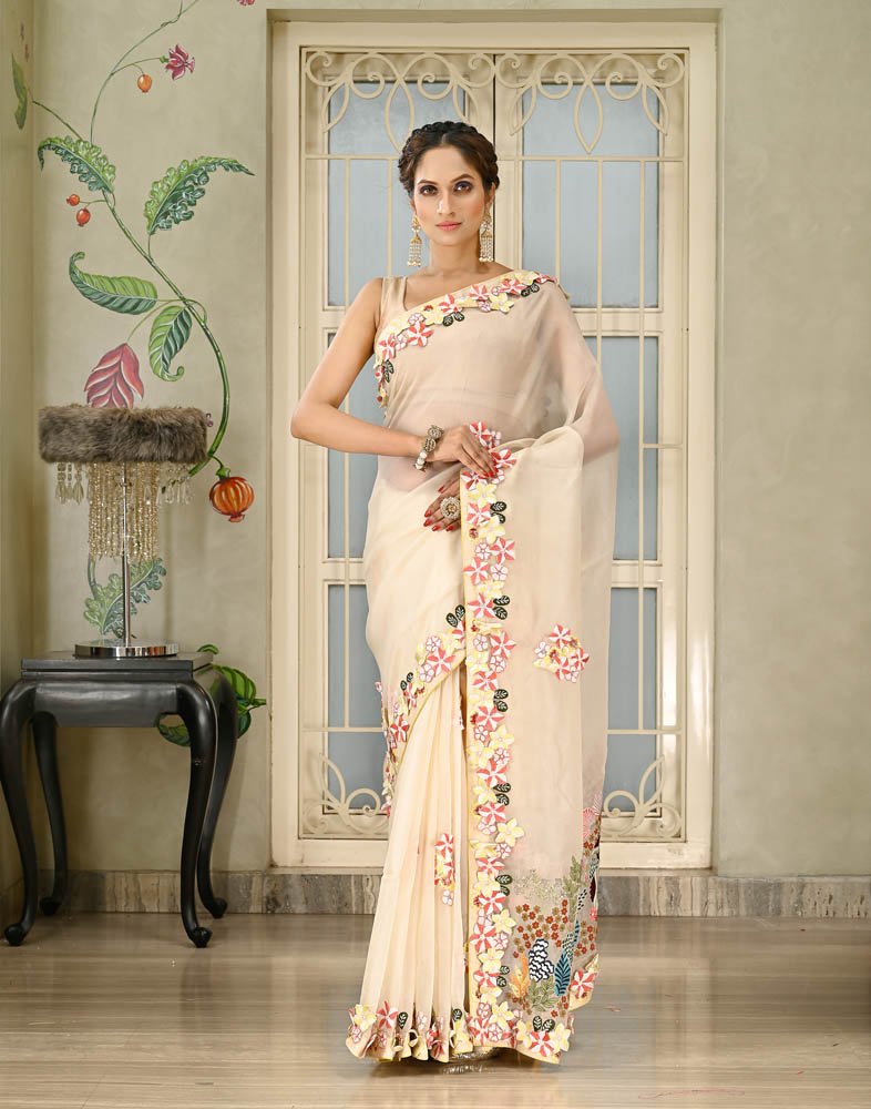 Buy Peach Organza Saree In Multi-Color Resham And Peacock Motifs Work On  The Border