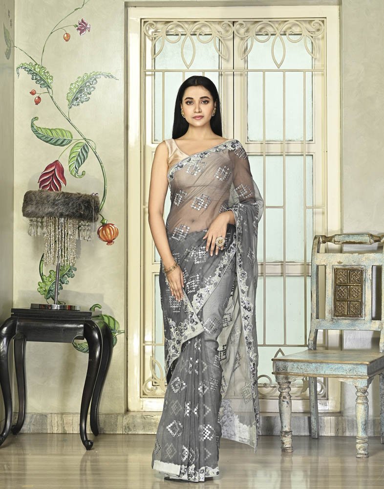 Grey Organza Saree with White Tusser Silk Embroidered Border|Desically  Ethnic