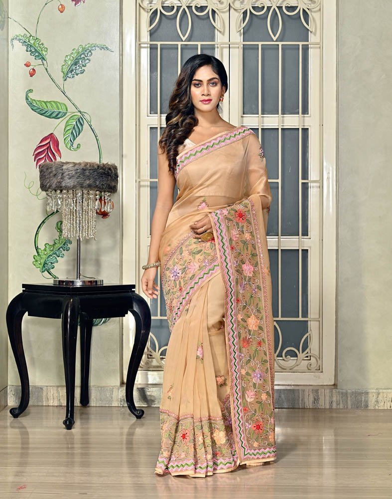 Buy Beige Organza Saree Online – Vasansi Jaipur