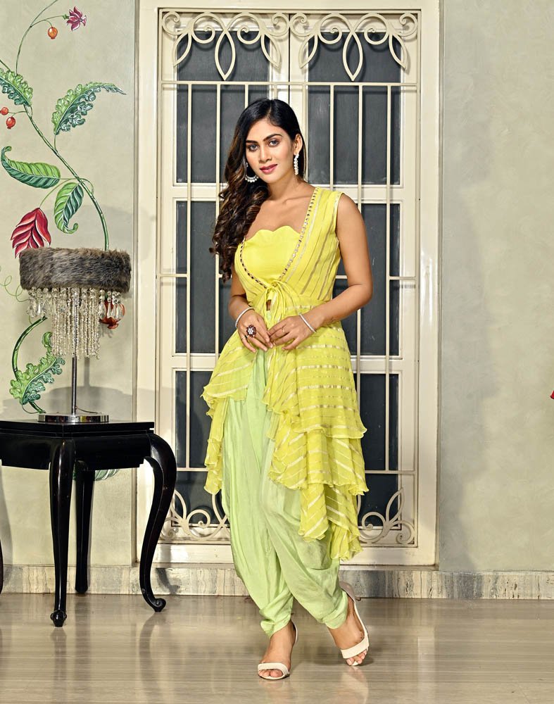 Yellow Organza and Georgette Indo Western Jacket Style Suit