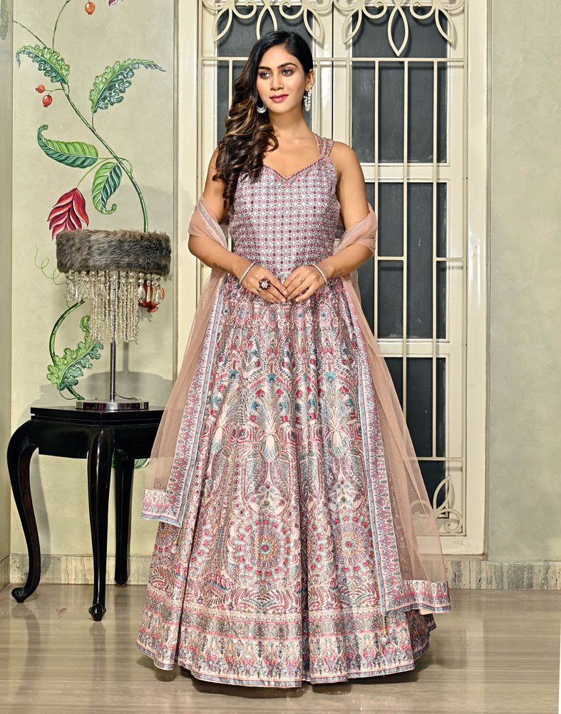 Navy Blue Anarkali Gown With Flower Printed Dupatta